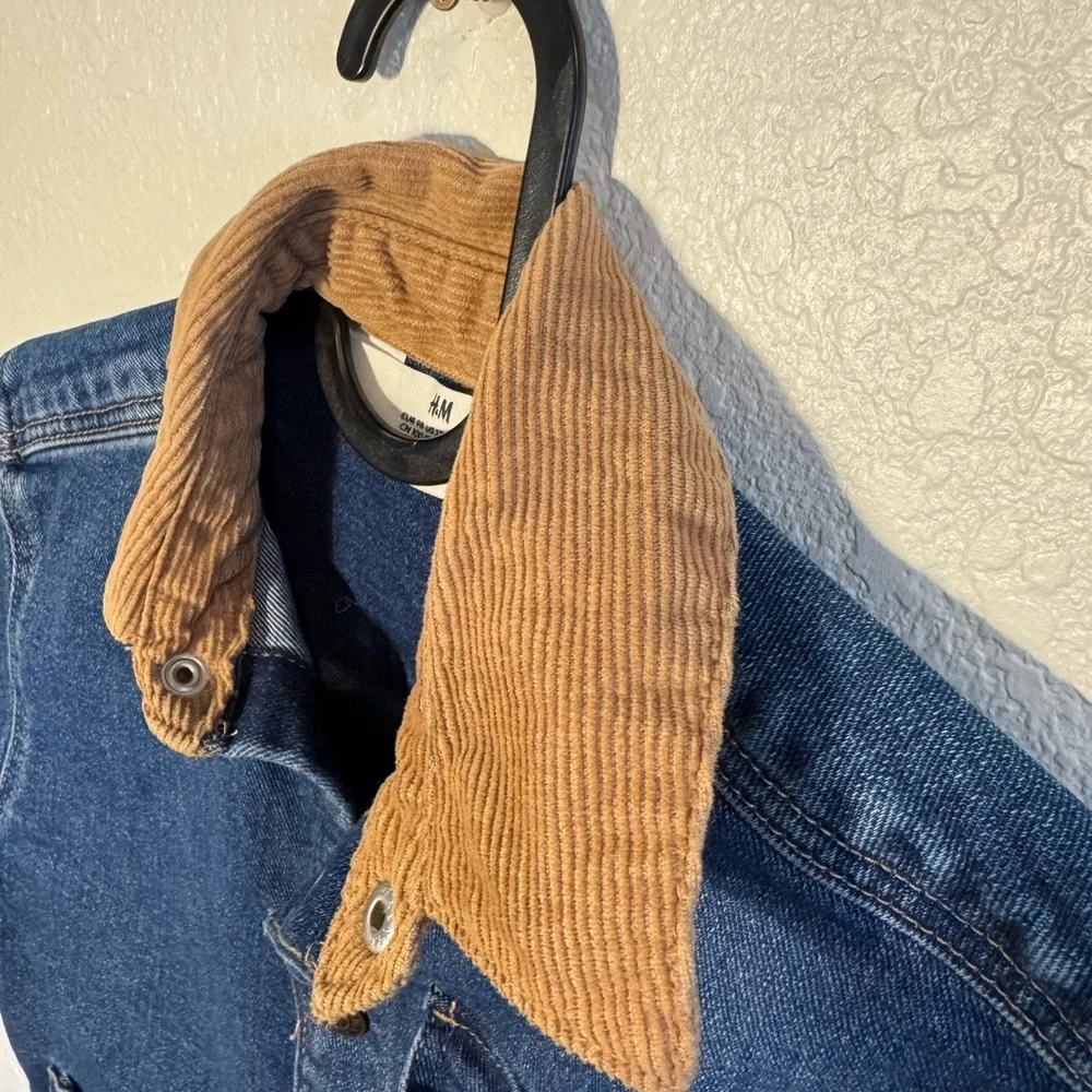 H&M Blue Denim Chore Jacket Button Front Corduroy Collar Trendy Coat Size 3T - Picture 5 of 5